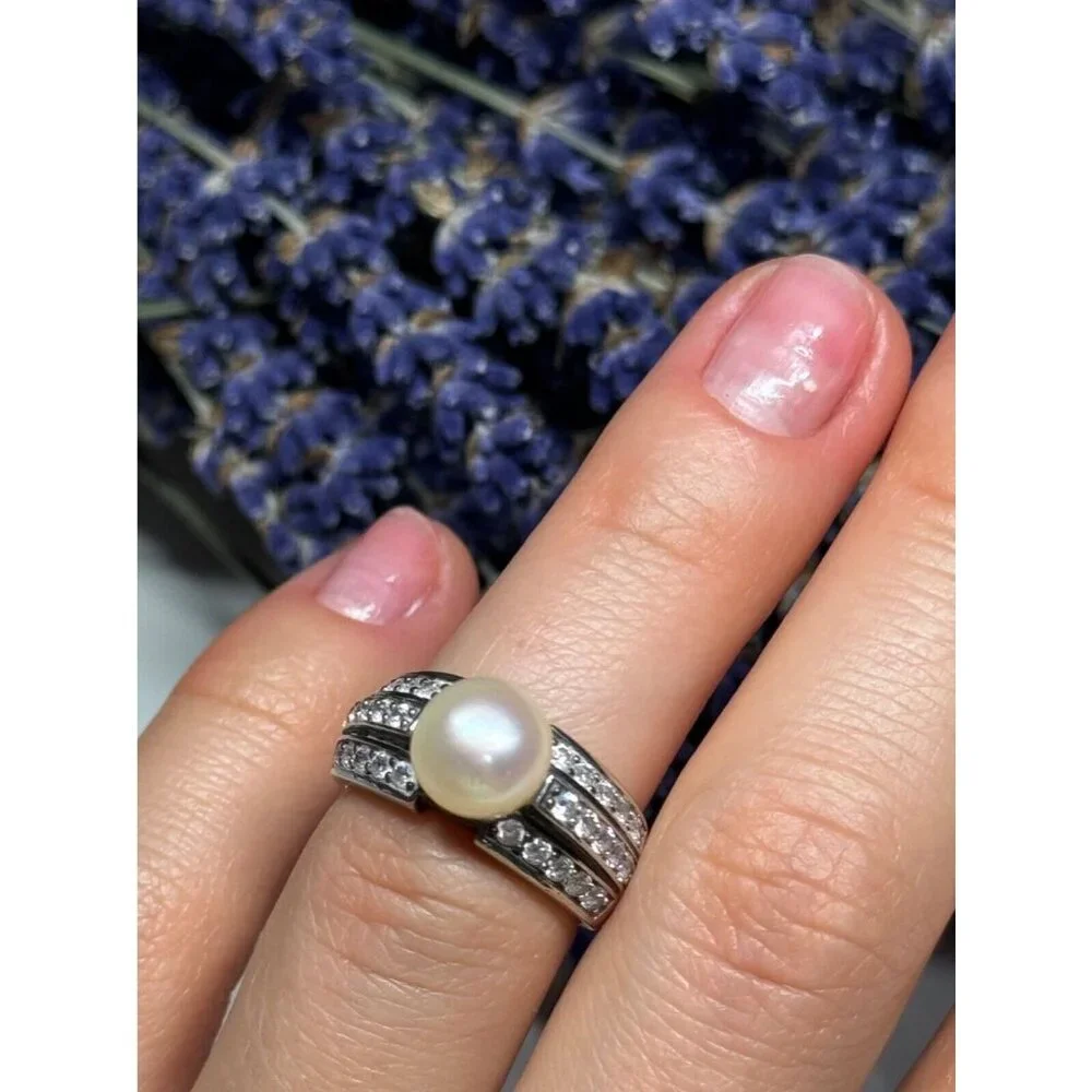 925 STERLING SILVER PEARL & CZ RING SIZE 5